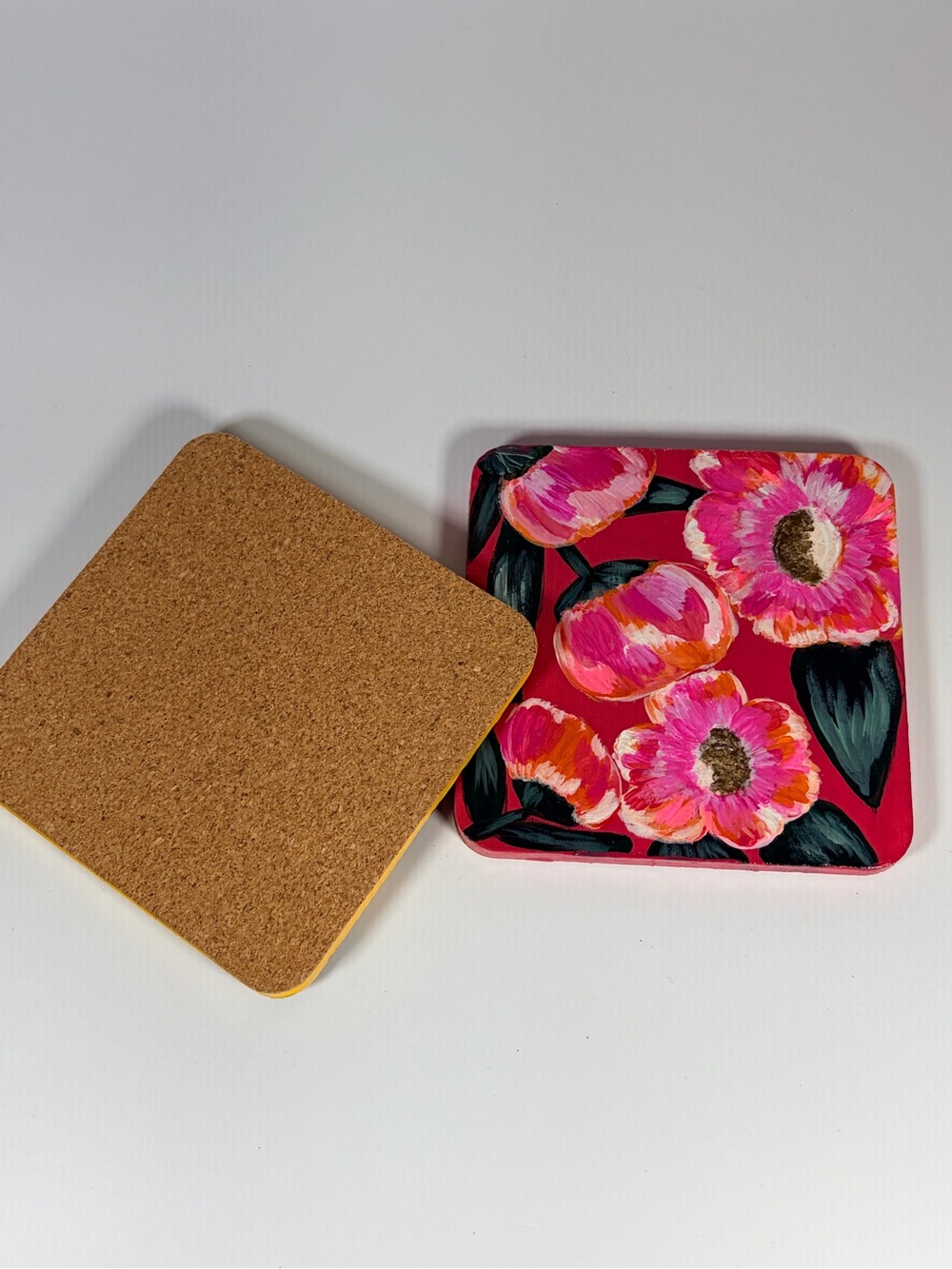 Hand-Painted Floral Leather Coasters - Pink & Yellow - Picture 6 of 6